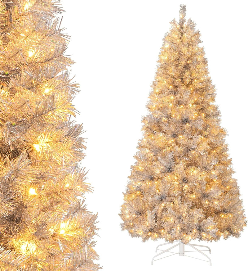 Load image into Gallery viewer, Goplus 5ft / 6ft / 7 ft Pre-Lit Silver Tinsel Christmas Tree with Warm White LED Lights
