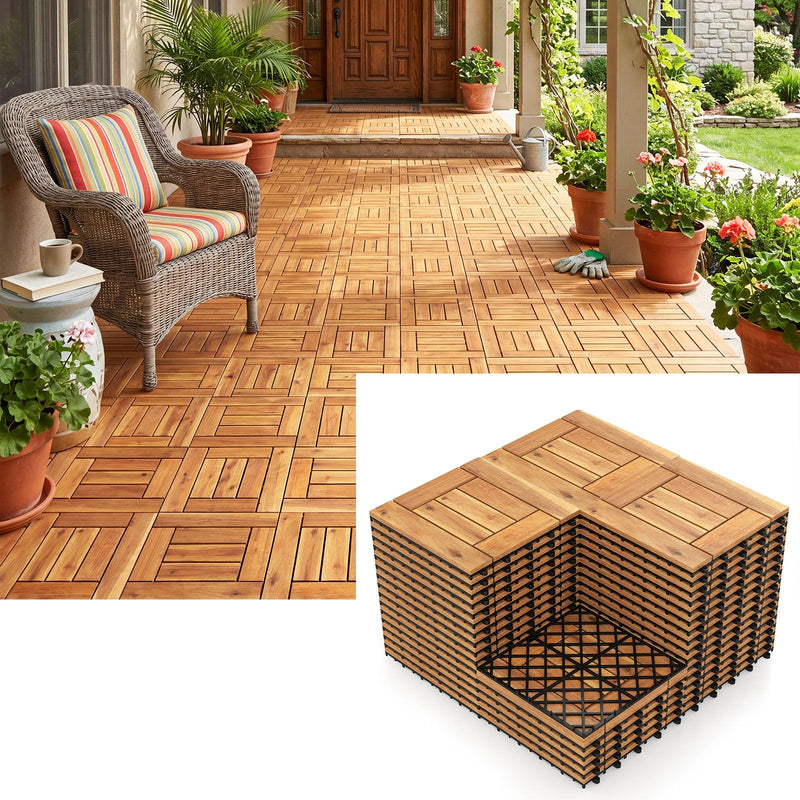 Load image into Gallery viewer, Giantex Golden Teak Frame Acacia Wood Deck Tiles 27/54 sq.ft Waterproof Outdoor Floor Tiles
