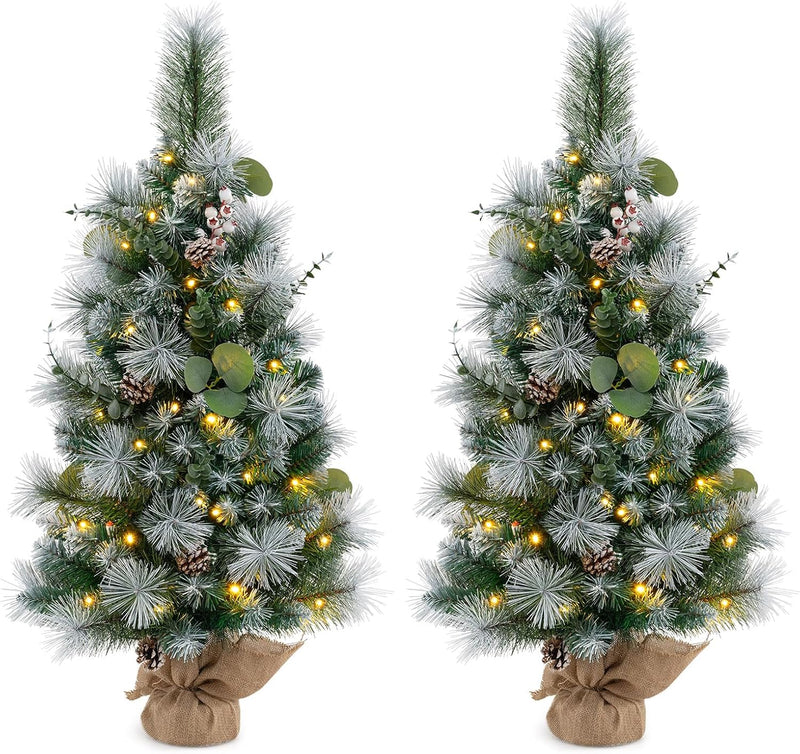 Load image into Gallery viewer, Goplus 3ft Pre-Lit Mini Tabletop Christmas Tree with 30 Warm White LED Lights, Timer, 98 Flocked PVC &amp; Pine Needles
