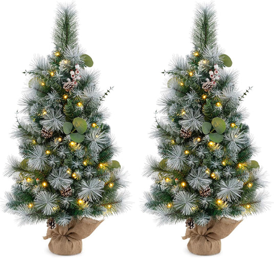 Goplus 3ft Pre-Lit Mini Tabletop Christmas Tree with 30 Warm White LED Lights, Timer, 98 Flocked PVC & Pine Needles