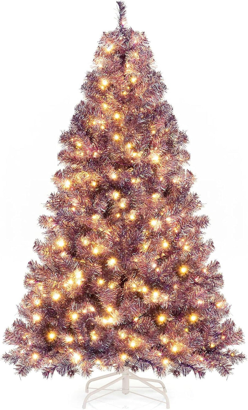 Load image into Gallery viewer, Goplus 6FT / 7.5FT Pre-Lit Tinsel Christmas Tree with Warm White LED Lights
