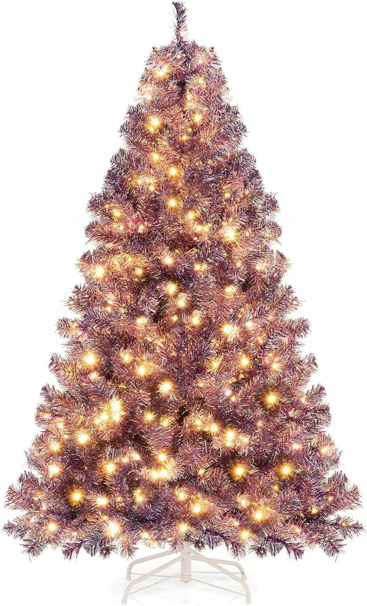Goplus 6FT / 7.5FT Pre-Lit Tinsel Christmas Tree with Warm White LED Lights