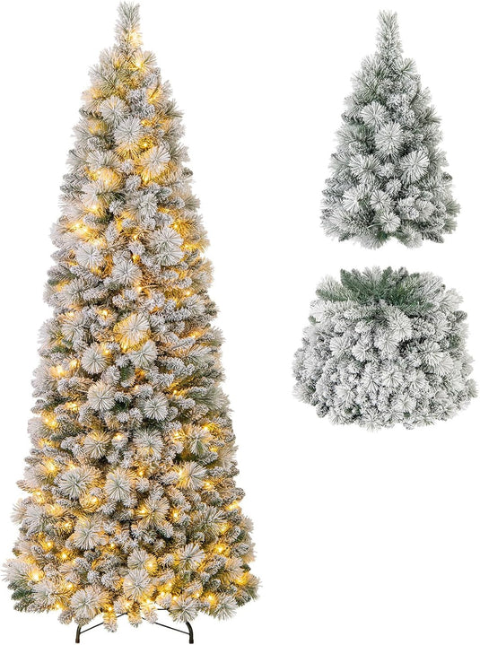 Goplus 6ft / 7ft Pre-Lit Pop Up Christmas Tree Collapsible Snow Flocke ...