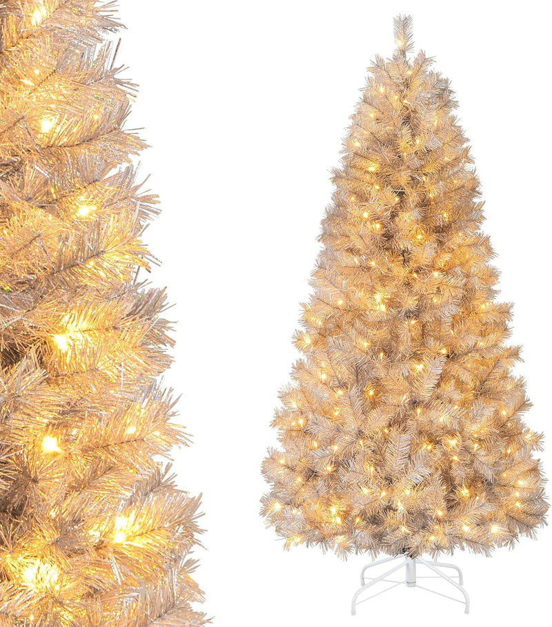 Load image into Gallery viewer, Goplus 5ft / 6ft / 7 ft Pre-Lit Silver Tinsel Christmas Tree with Warm White LED Lights
