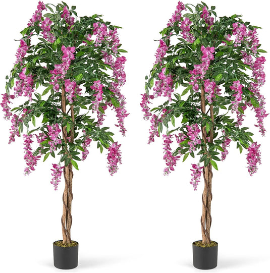 Goplus 5.5FT Faux Wisteria Tree in Nursery Pot with Blooming Flowers