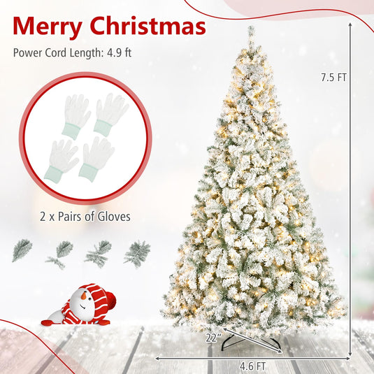 Goplus 6ft/7.5ft Pre-Lit Snow Flocked Christmas Tree with LED Lights | Holiday Decoration Snowy Tree