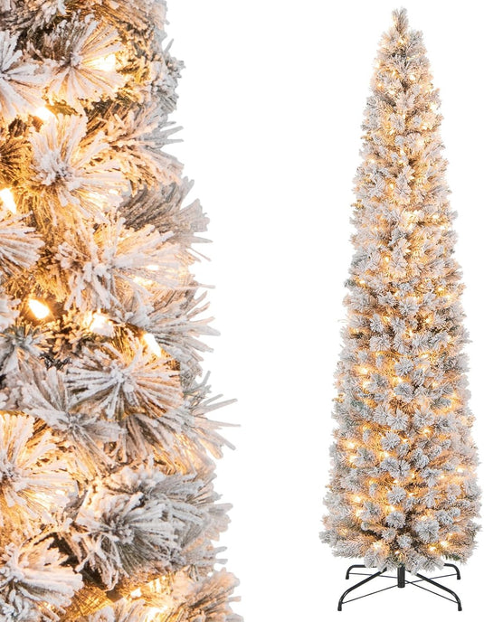Goplus Pre-Lit Snow Flocked Pencil Christmas Tree for Home Office Holiday Decor