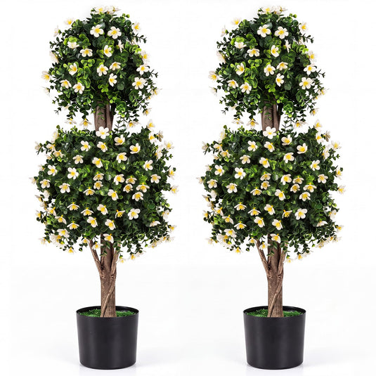 Goplus Set of 2 Artificial Topiary Trees | Realistic Evergreen Plant w/ 2 Topiary Balls and Blossoms