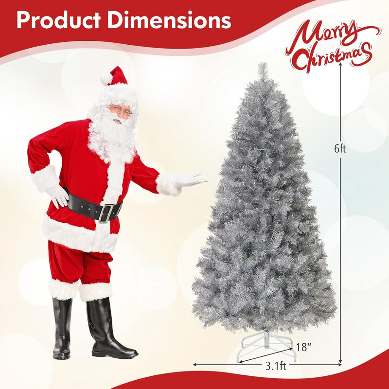 Load image into Gallery viewer, Goplus 5ft / 6ft / 7 ft Pre-Lit Silver Tinsel Christmas Tree with Warm White LED Lights
