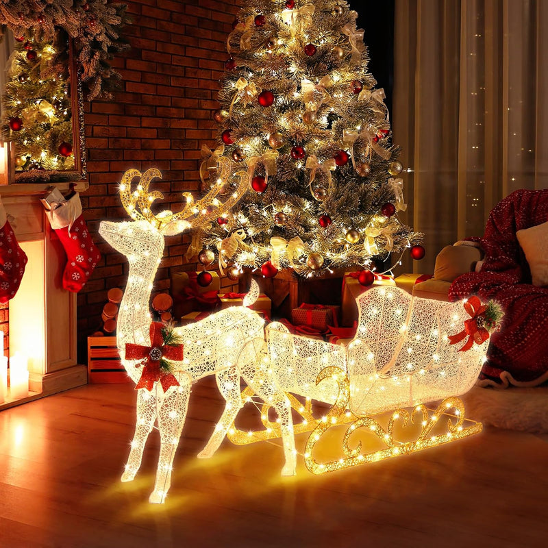 Load image into Gallery viewer, Goplus Lighted Christmas Reindeer and Sleigh w/ 215 LED Lights

