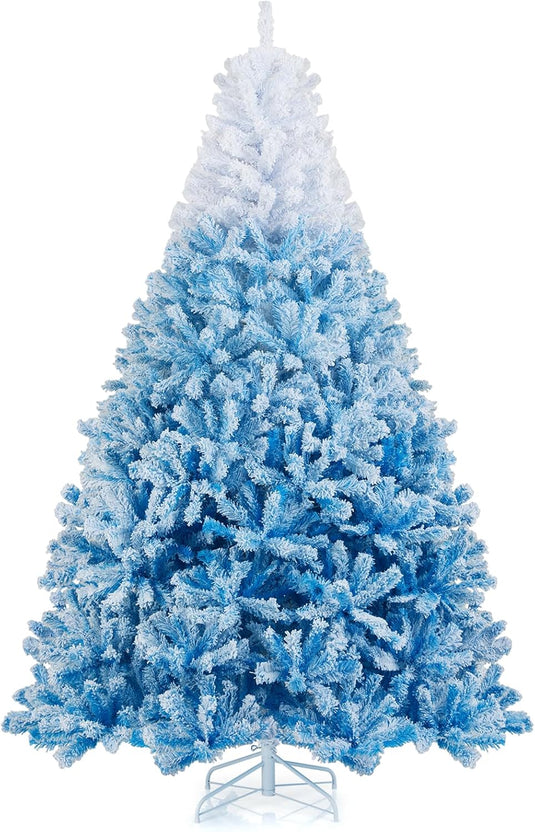 Goplus Snow Flocked Christmas Tree with Lush Branch Tips & Foldable Metal Stan ( Blue Gradient & White )