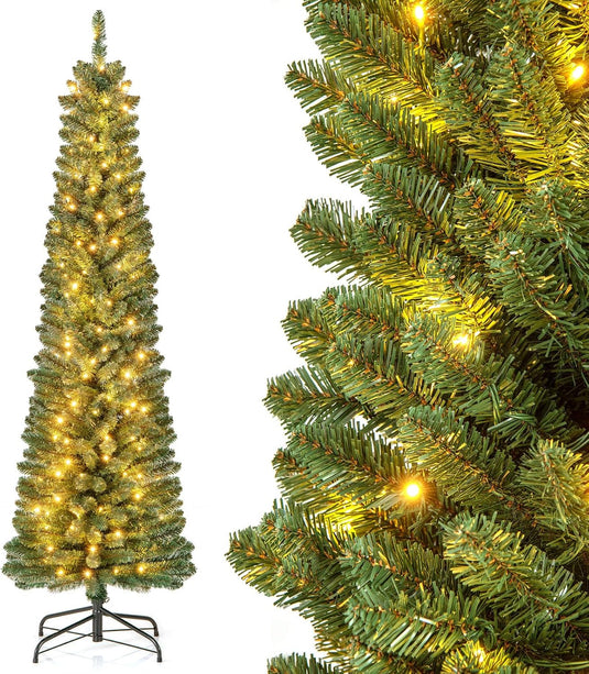 Goplus Pre-Lit Slim Pencil Christmas Tree Slender Holiday Tree for Home Office Decoration