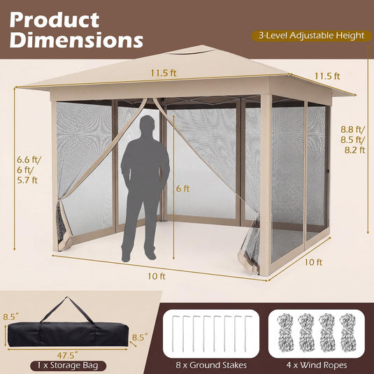Goplus 11.5 x 11.5 FT Pop-up Gazebo One-Person Easy Setup Canopy Tent with Mesh Screen Netting