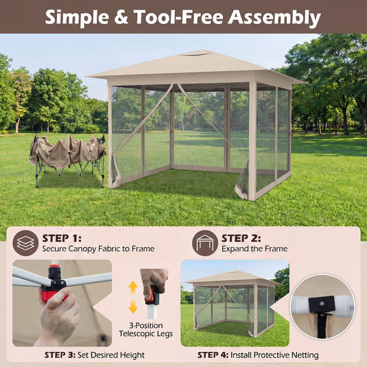 Goplus 11.5 x 11.5 FT Pop-up Gazebo One-Person Easy Setup Canopy Tent with Mesh Screen Netting