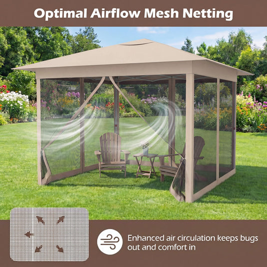 Goplus 11.5 x 11.5 FT Pop-up Gazebo One-Person Easy Setup Canopy Tent with Mesh Screen Netting
