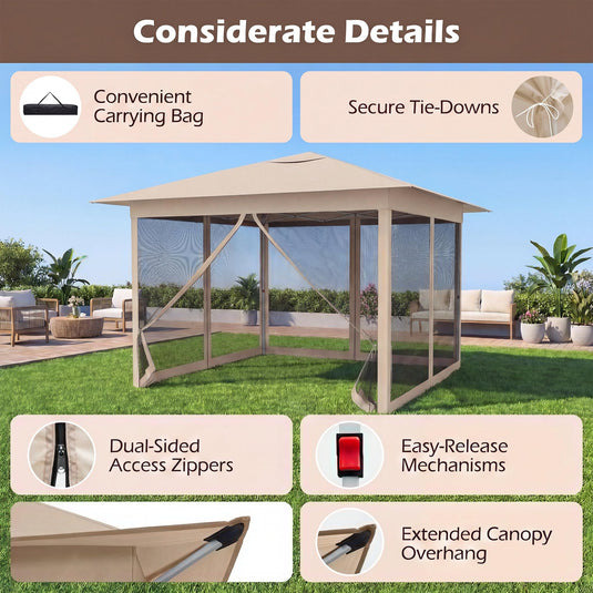 Goplus 11.5 x 11.5 FT Pop-up Gazebo One-Person Easy Setup Canopy Tent with Mesh Screen Netting