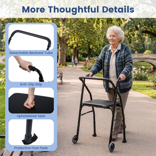 Goplus Folding Walker for Seniors | Lightweight Aluminum Mobility Walker with 2 Wheels
