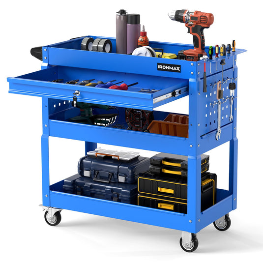 Goplus 3 Tier Rolling Tool Cart with Lockable Drawer | Heavy Duty Metal Utility Cart on Wheels
