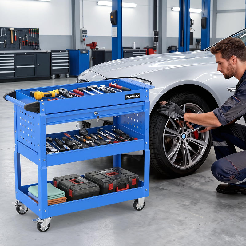 Load image into Gallery viewer, Goplus 3 Tier Rolling Tool Cart with Lockable Drawer | Heavy Duty Metal Utility Cart on Wheels
