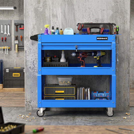 Goplus 3 Tier Rolling Tool Cart with Lockable Drawer | Heavy Duty Metal Utility Cart on Wheels