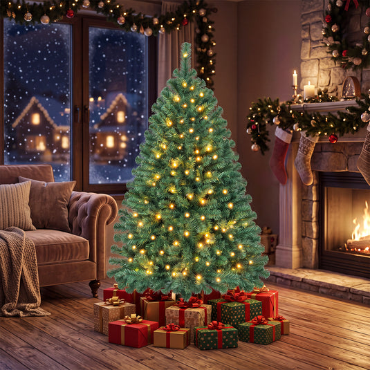 4ft Pre-Lit Christmas Tree, Artificial PVC Xmas Tree with 100 Warm White LED Lights and Stable Triangular Stand