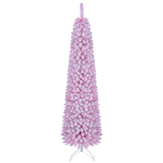 Goplus Flocked Pencil Christmas Tree with 8 Modes Pre-Lit Artificial Fir Xmas Tree