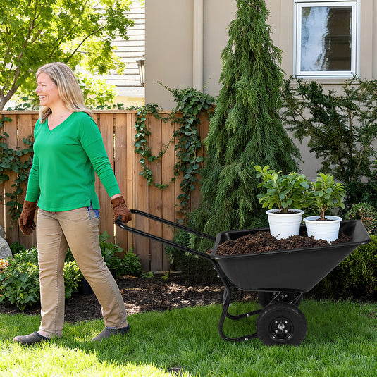 Goplus Dual-Wheel Wheelbarrow, Heavy-Duty Garden Utility Cart w/Pneumatic Tires, 330LBS Capacity