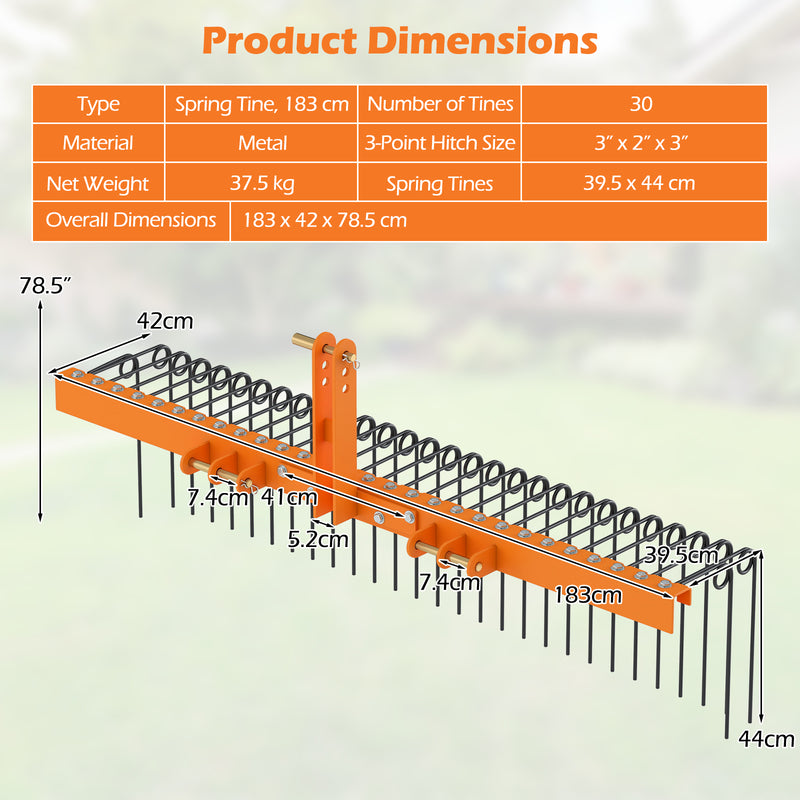 Load image into Gallery viewer, Goplus 72" Pine Straw Rake Tow Behind Landscape Rake with 30 Metal Coil Tines
