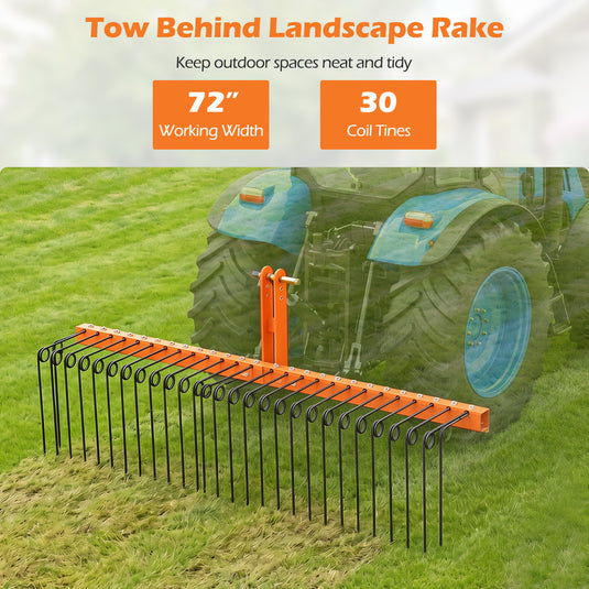 Goplus 72" Pine Straw Rake Tow Behind Landscape Rake with 30 Metal Coil Tines