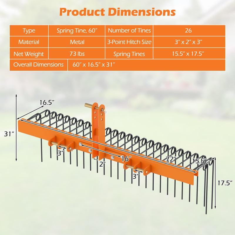Load image into Gallery viewer, Goplus 60" Pine Straw Rake Tow Behind Landscape Rake with 26 Metal Coil Tines for Leaves Grass

