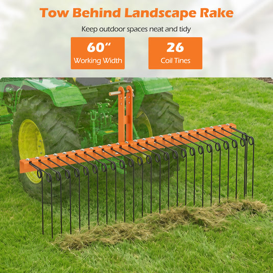 Goplus 60" Pine Straw Rake Tow Behind Landscape Rake with 26 Metal Coil Tines for Leaves Grass
