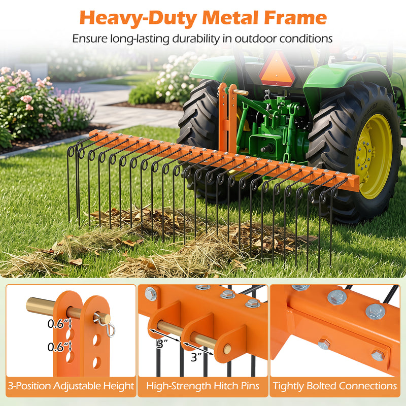 Load image into Gallery viewer, Goplus 60" Pine Straw Rake Tow Behind Landscape Rake with 26 Metal Coil Tines for Leaves Grass

