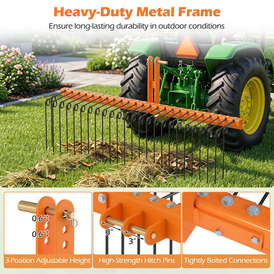 Goplus 60" Pine Straw Rake Tow Behind Landscape Rake with 26 Metal Coil Tines for Leaves Grass