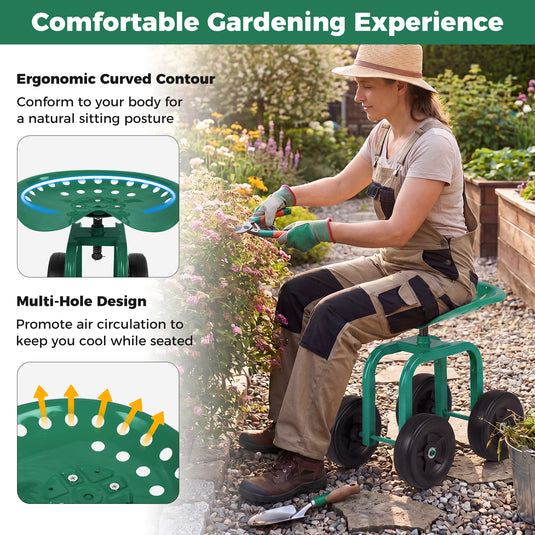 Goplus Garden Cart with Wheels, Utility Stool Cart w/Adjustable 360 Degree Swivel Seat