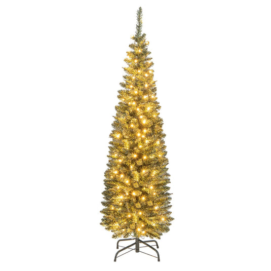 Goplus 5ft Pre-Lit Pencil Christmas Tree, Artificial Slim Xmas Tree with 150 Warm-White LED Lights