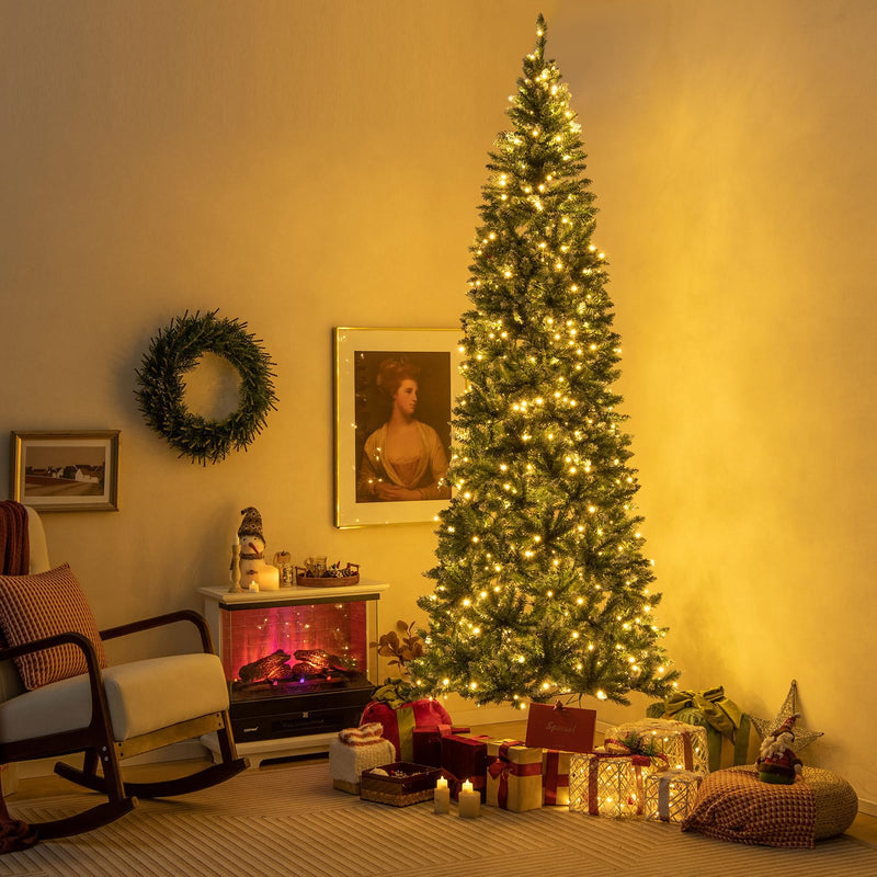 Load image into Gallery viewer, Goplus 9ft Pre-Lit Artificial Pencil Christmas Tree, Hinged Slim Xmas Tree with 500 Warm-White LED Lights
