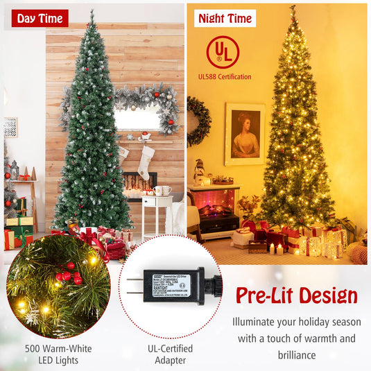 Goplus 9ft Pre-Lit Pencil Christmas Tree, Artificial Hinged Slim Xmas Tree with 500 Warm-White LED Lights