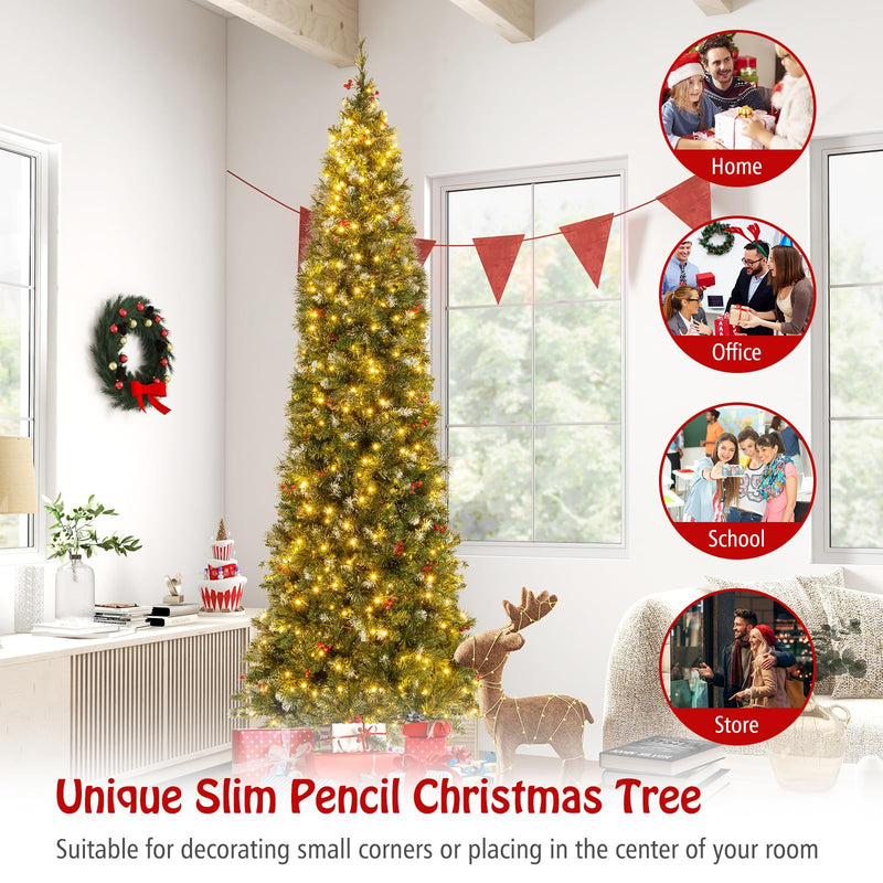 Load image into Gallery viewer, Goplus 9ft Pre-Lit Pencil Christmas Tree, Artificial Hinged Slim Xmas Tree with 500 Warm-White LED Lights
