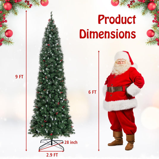 Goplus 9ft Pre-Lit Pencil Christmas Tree, Artificial Hinged Slim Xmas Tree with 500 Warm-White LED Lights