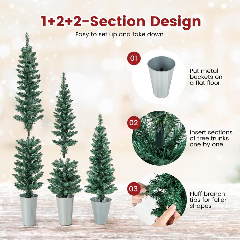 Load image into Gallery viewer, Goplus Set of 3 Artificial Christmas Tree, 3&#39; 4&#39; 5&#39; Slim Pencil Xmas Tree with Silver Metal Buckets
