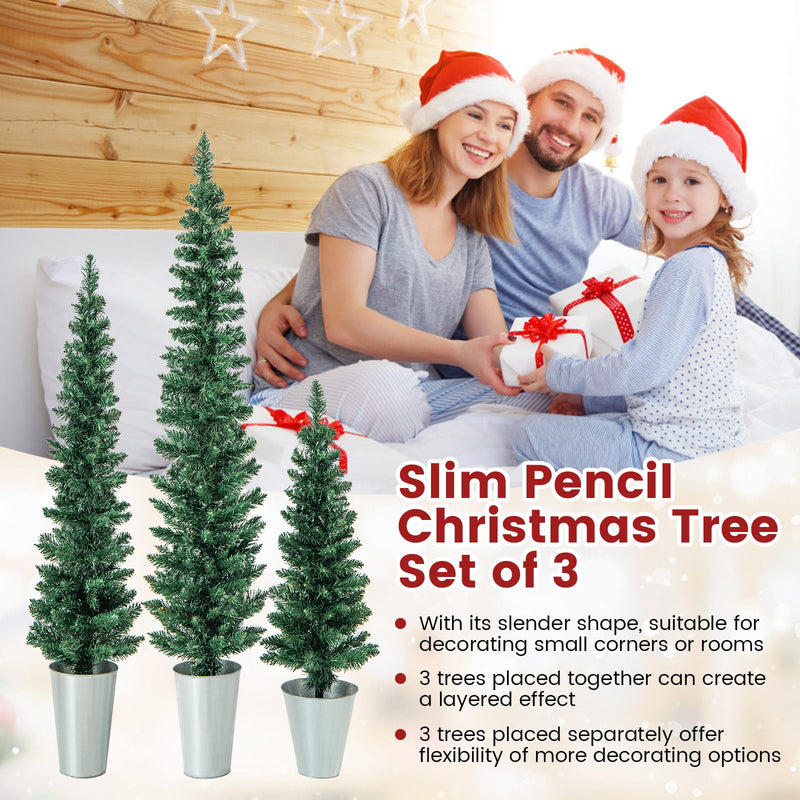Load image into Gallery viewer, Goplus Set of 3 Artificial Christmas Tree, 3&#39; 4&#39; 5&#39; Slim Pencil Xmas Tree with Silver Metal Buckets
