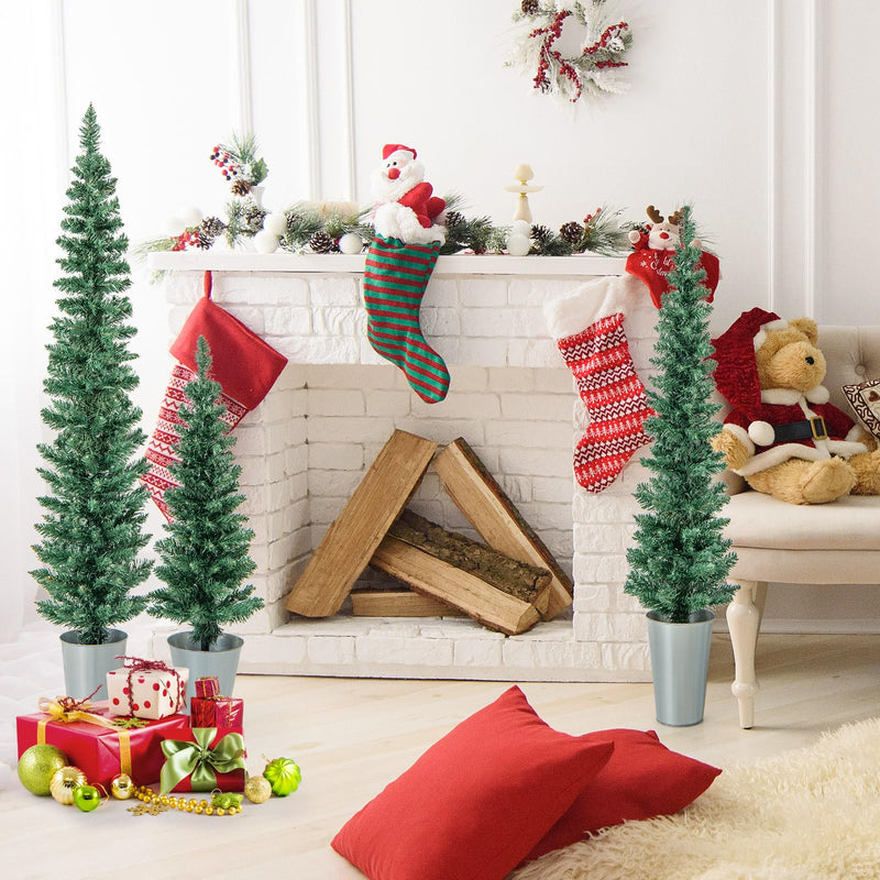 Load image into Gallery viewer, Goplus Set of 3 Artificial Christmas Tree, 3&#39; 4&#39; 5&#39; Slim Pencil Xmas Tree with Silver Metal Buckets
