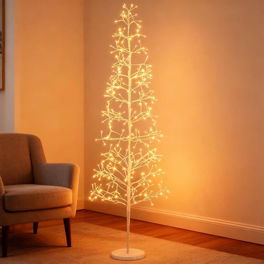 Goplus LED Birch Tree, 5/6/7 FT Pre-lit Twig Tree with Warm White Light LED Lights, Weighted Base