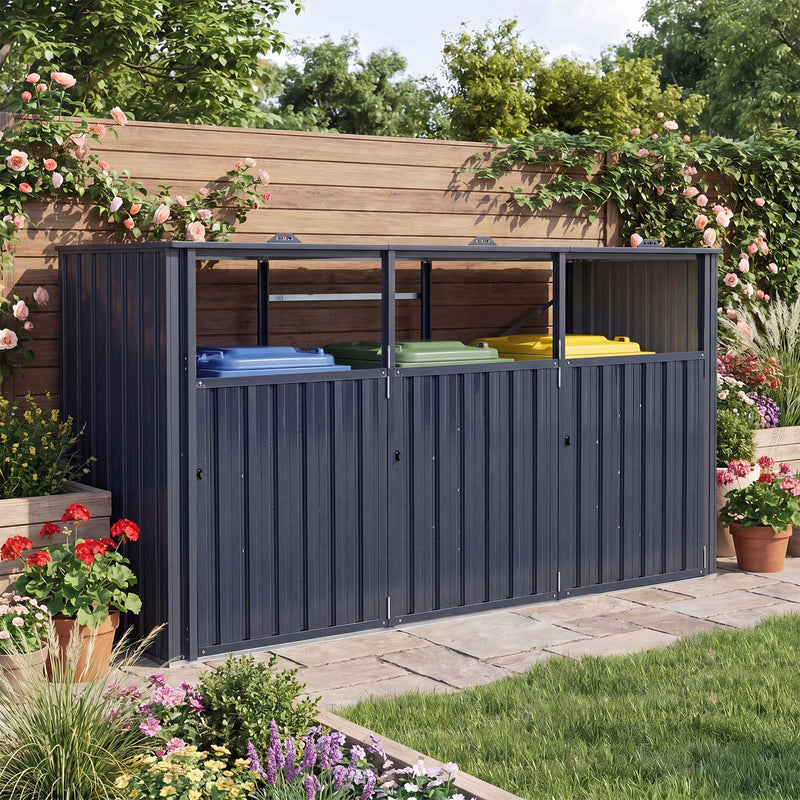 Load image into Gallery viewer, Goplus 7.8 x 2.6 FT Outdoor Trash Can Storage 3-Bin Metal Garbage Shed with Flip-Up Lids
