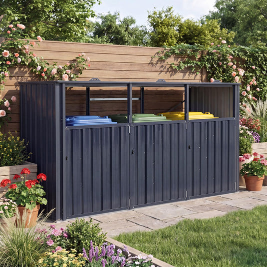 Goplus 7.8 x 2.6 FT Outdoor Trash Can Storage 3-Bin Metal Garbage Shed with Flip-Up Lids