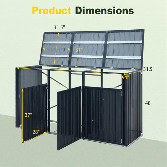 Goplus 7.8 x 2.6 FT Outdoor Trash Can Storage 3-Bin Metal Garbage Shed with Flip-Up Lids