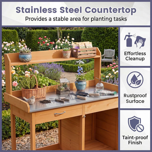 Goplus Garden Potting Bench Table with Stainless Steel Tabletop for Yard Porch Lawn