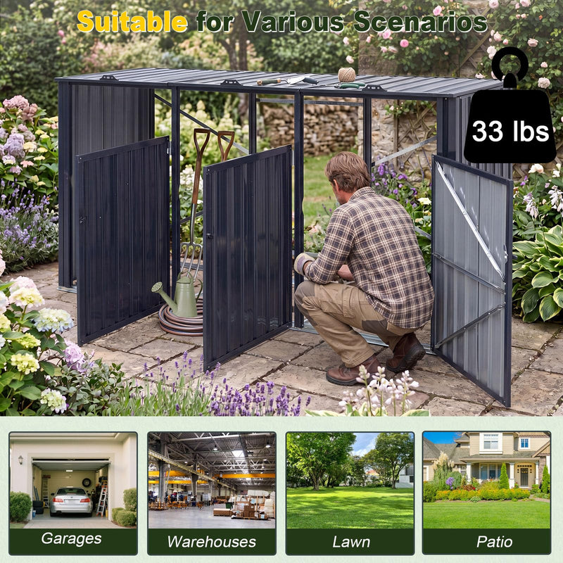 Load image into Gallery viewer, Goplus 7.8 x 2.6 FT Outdoor Trash Can Storage 3-Bin Metal Garbage Shed with Flip-Up Lids
