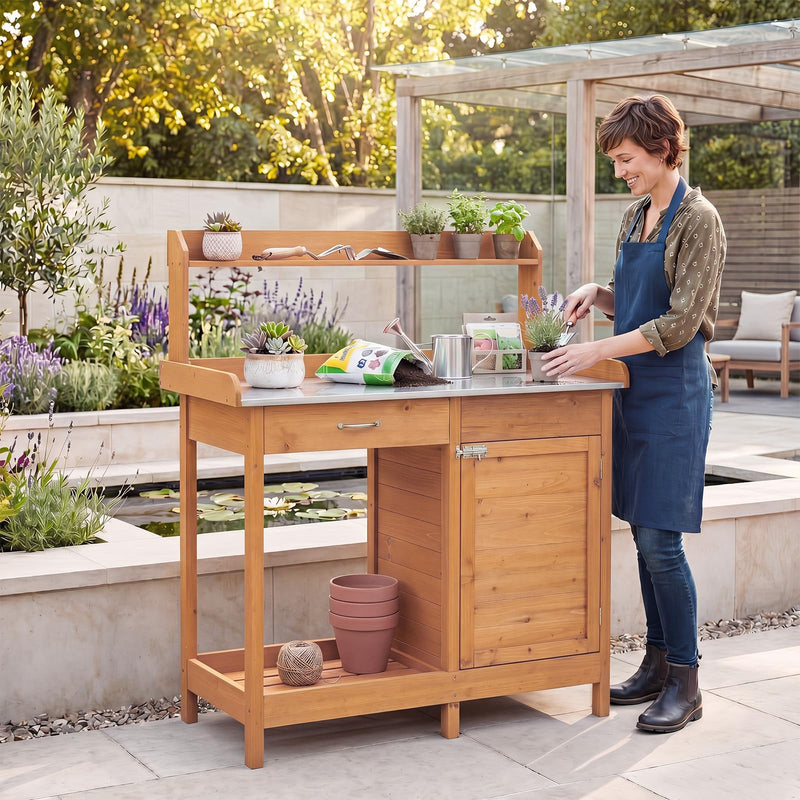 Load image into Gallery viewer, Goplus Garden Potting Bench Table with Stainless Steel Tabletop for Yard Porch Lawn
