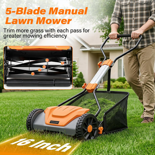 Goplus 16 Inch 5-Blade Push Reel Lawn Mower | Walk-Behind Manual Cordless Grass Cutter